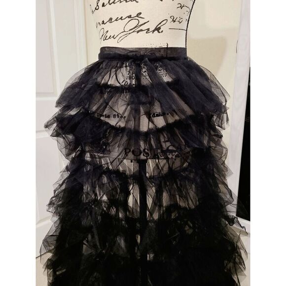 🖤 NEW Goth Tier Layered Tulle Mesh Petticoat Train Wrap Hi-Lo Black Open Skirt - Picture 6 of 17